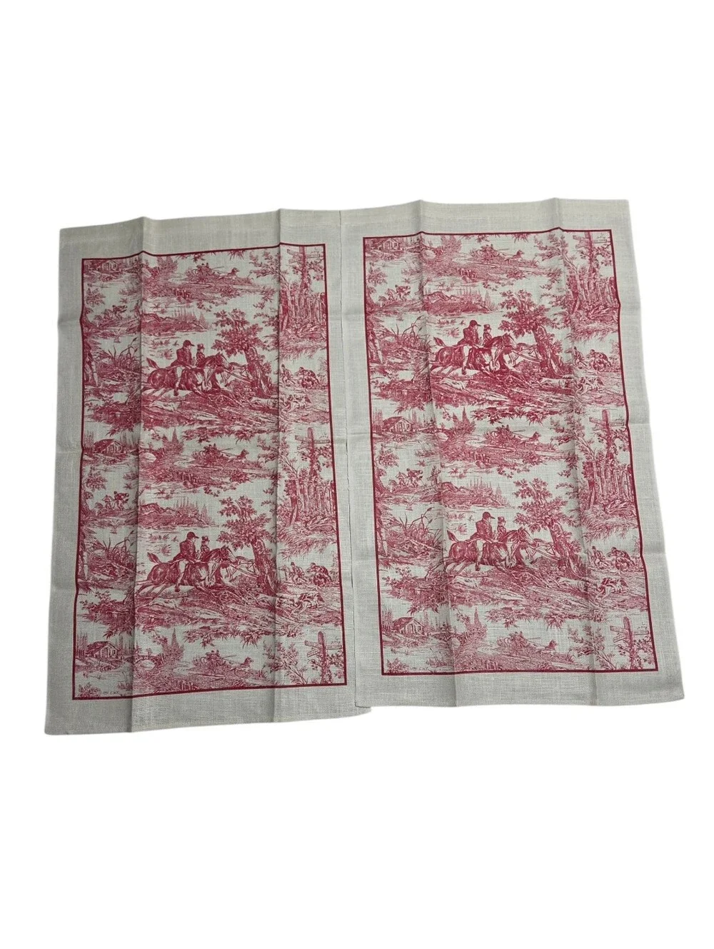 Vintage CWF Red Toile de Jouy Linen Tea Towels Set of 2
